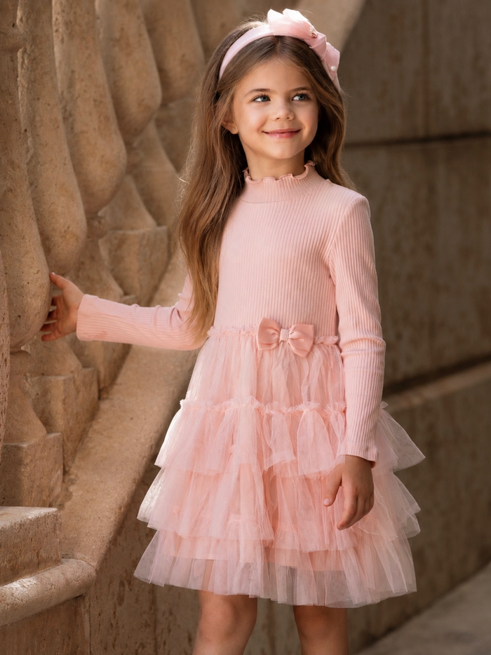 Rosy Twirls Ribbed Knit Tulle Dress
