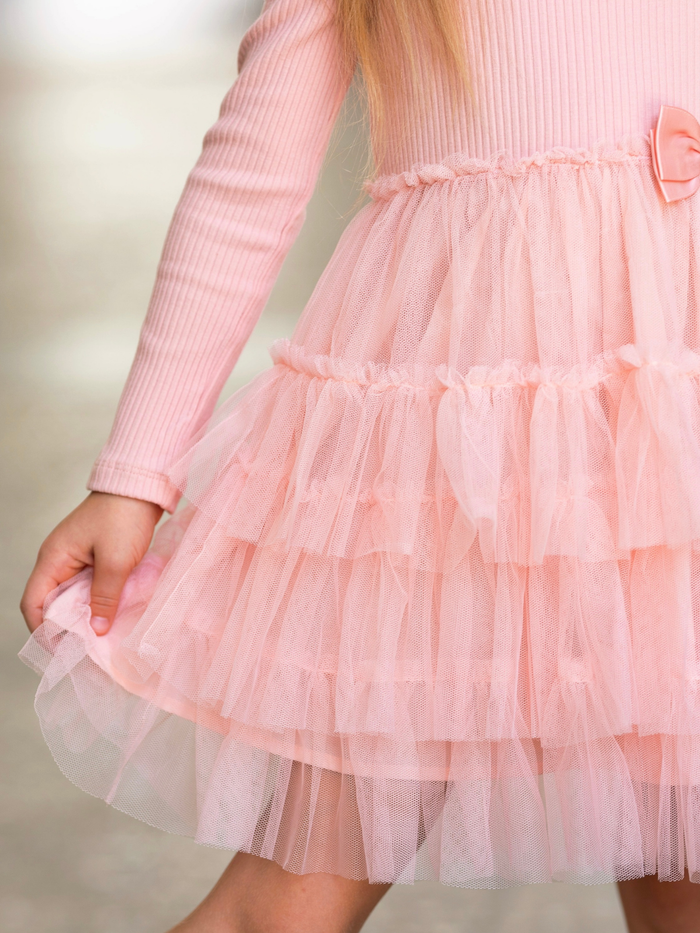 Girls blush pink long sleeve dress featuring a layered tulle skir