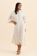 Rowena Ivory Check Linen Dress,Brunette model,alt text|model:Brontie