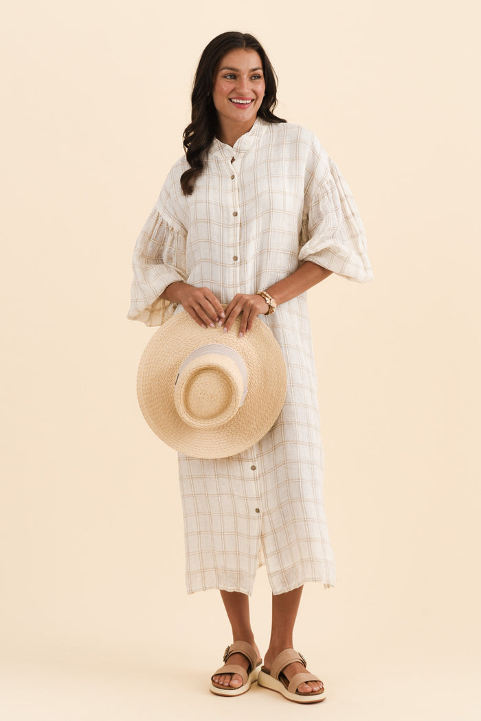 Rowena Ivory Check Linen Dress,Brunette model,alt text|model:Brontie