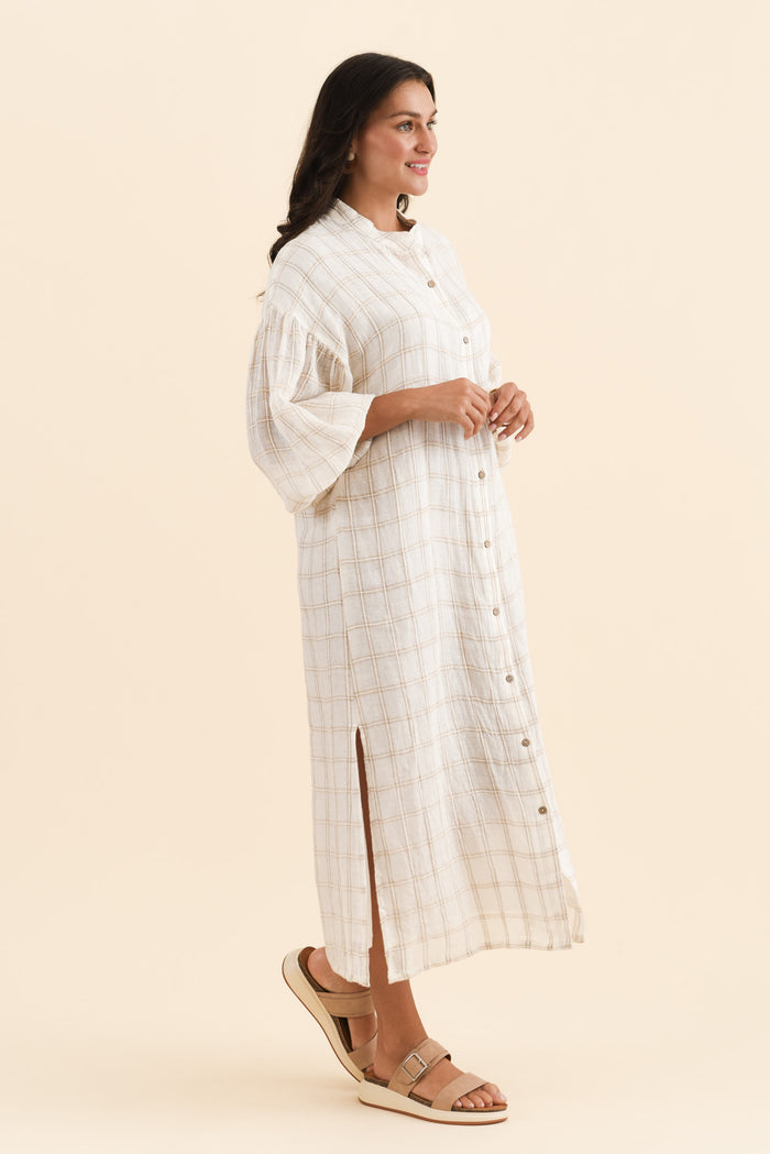 Rowena Ivory Check Linen Dress,Brunette model,alt text|model:Brontie