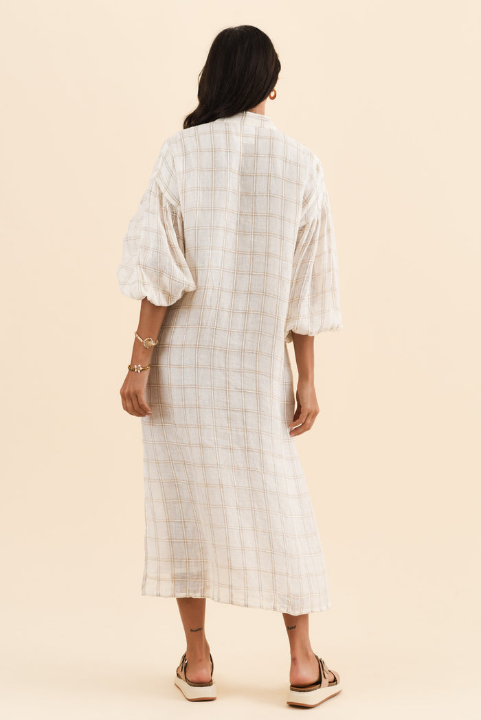Rowena Ivory Check Linen Dress,Brunette model,alt text|model:Brontie