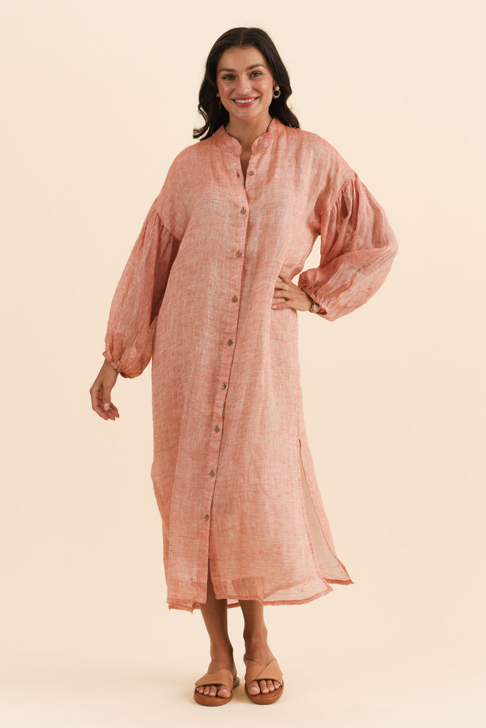 Rowena Orange Linen Dress,Brunette model,alt text|model:Brontie