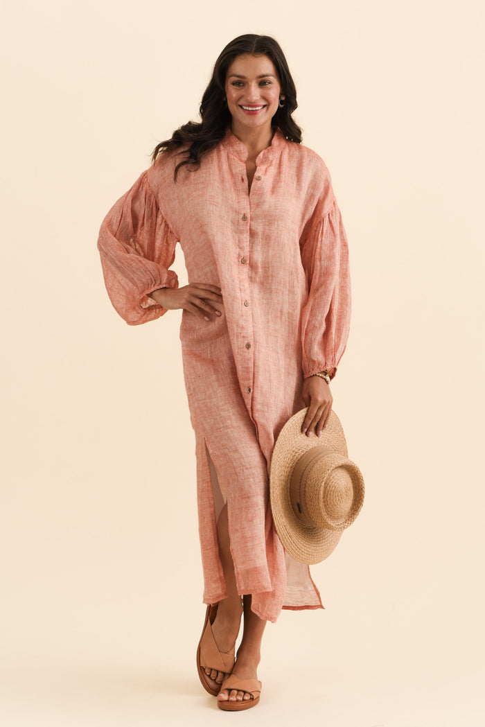 Rowena Orange Linen Dress,Brunette model,alt text|model:Brontie