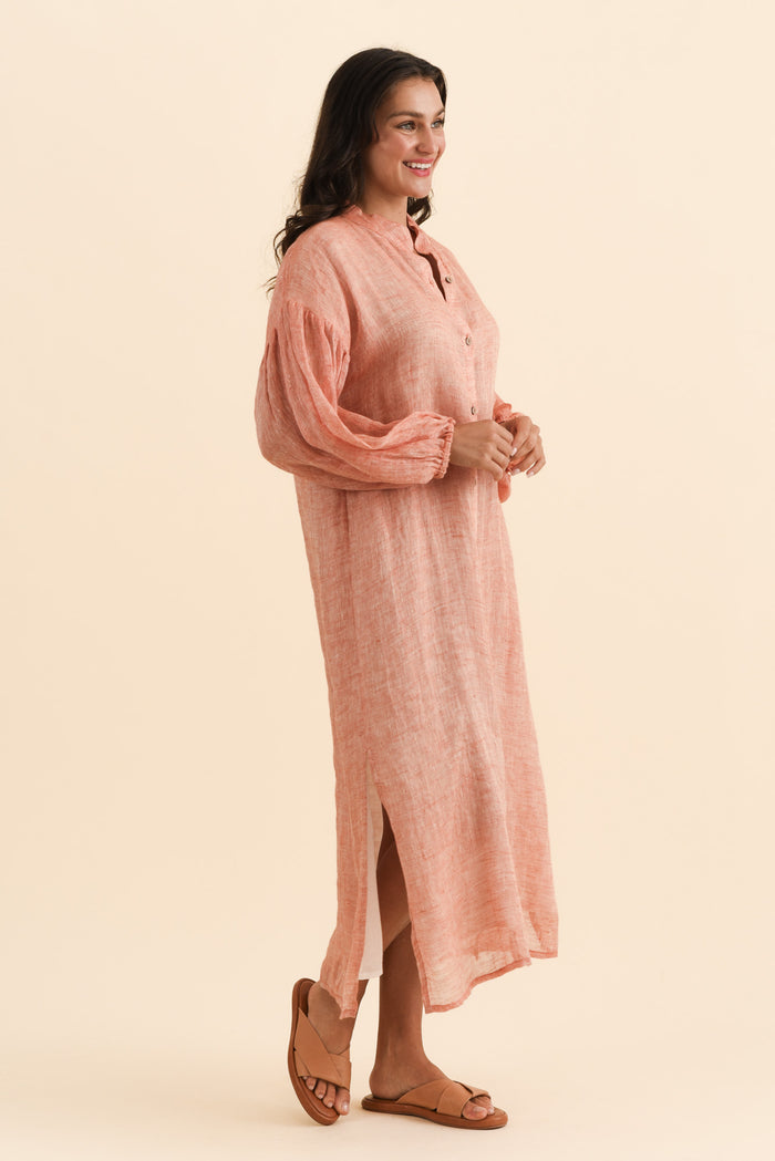 Rowena Orange Linen Dress,Brunette model,alt text|model:Brontie