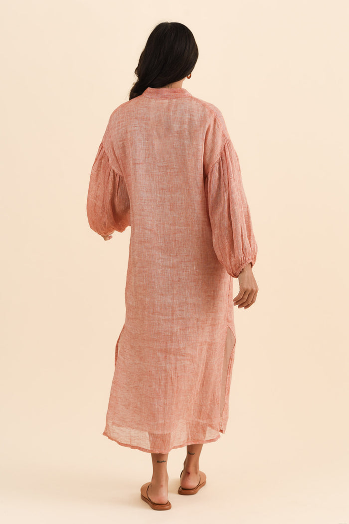 Rowena Orange Linen Dress,Brunette model,alt text|model:Brontie