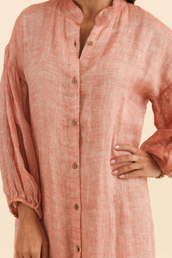 Rowena Orange Linen Dress,Brunette model,alt text|model:Brontie