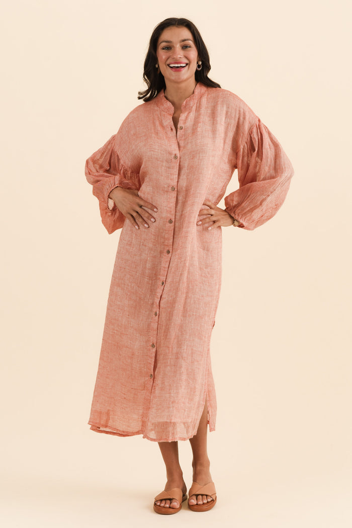 Rowena Orange Linen Dress,Brunette model,alt text|model:Brontie