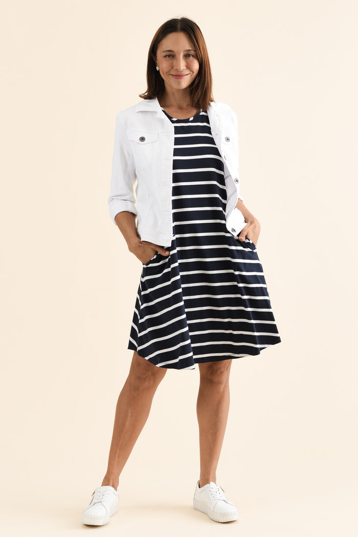 Roxanne Indigo Stripe Swing Dress,Front,Brunette model,alt text|model:Cara