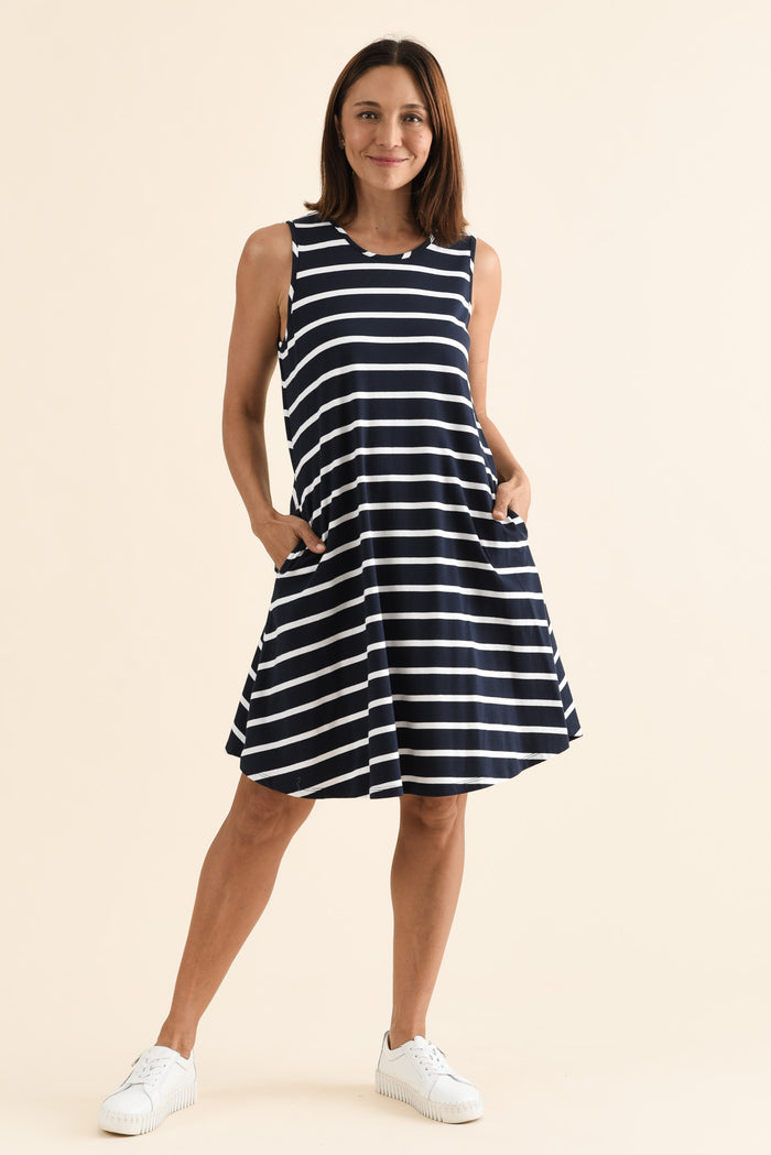 Roxanne Indigo Stripe Swing Dress,Full Body,Brunette model,alt text|model:Cara
