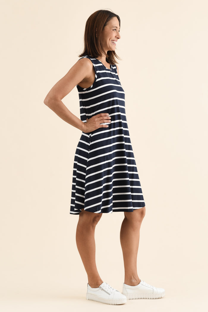 Roxanne Indigo Stripe Swing Dress,Side,Brunette model,alt text|model:Cara