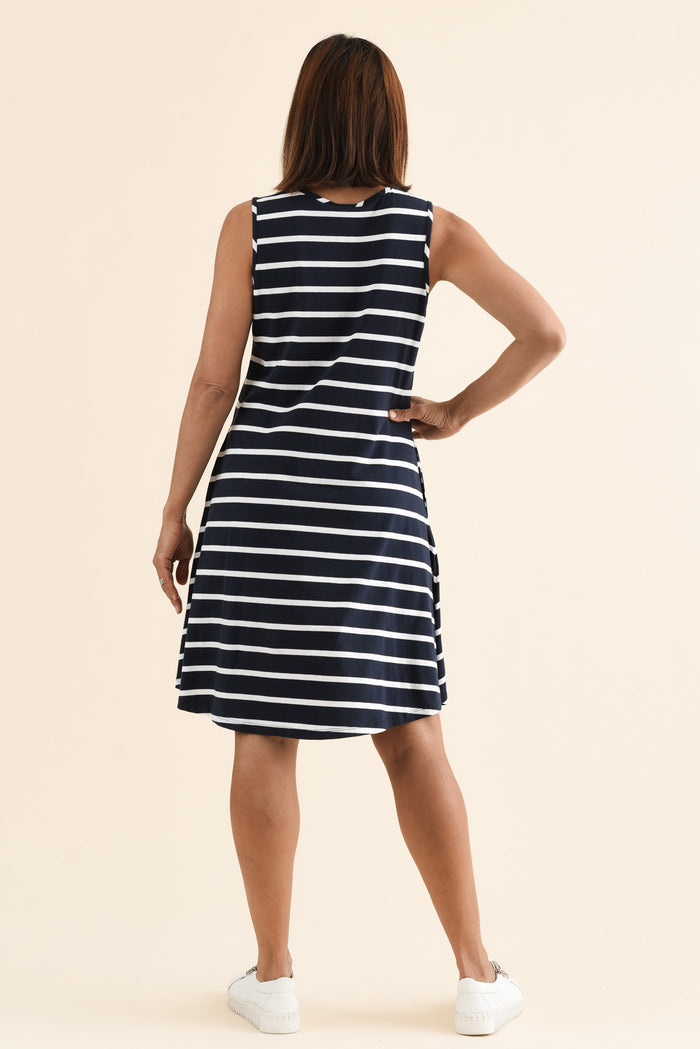 Roxanne Indigo Stripe Swing Dress,Back,Brunette model,alt text|model:Cara