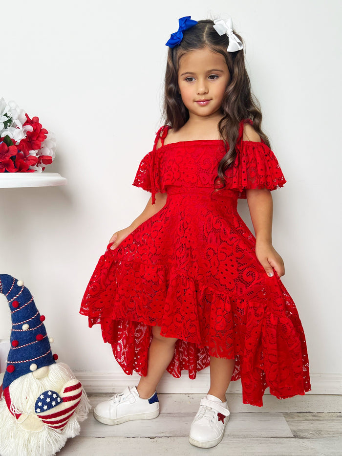 Little Girls Summer Dresses | Red Cold Shoulder Maxi Eyelet Sundress