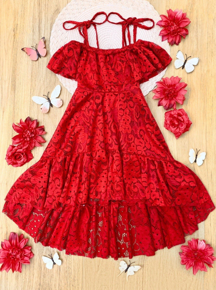 Little Girls Summer Dresses | Red Cold Shoulder Maxi Eyelet Sundress