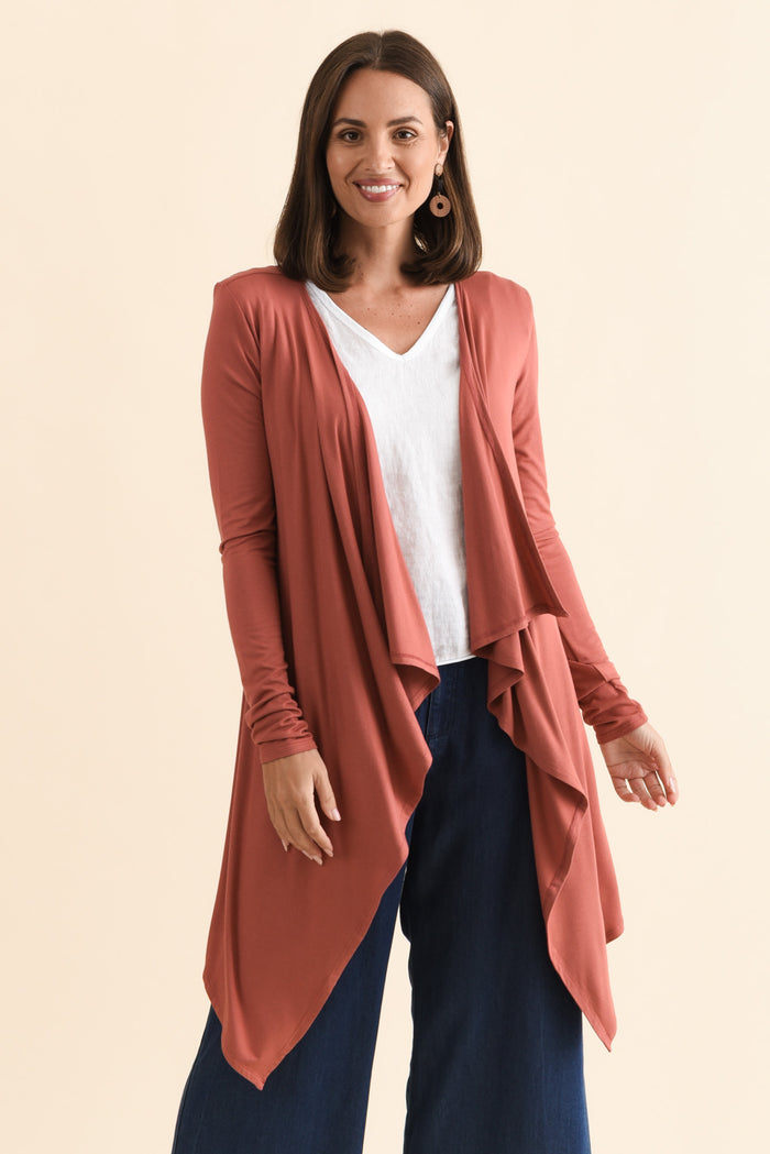 Rust Bamboo Waterfall Cardigan,Brunette model,alt text|model:MJ