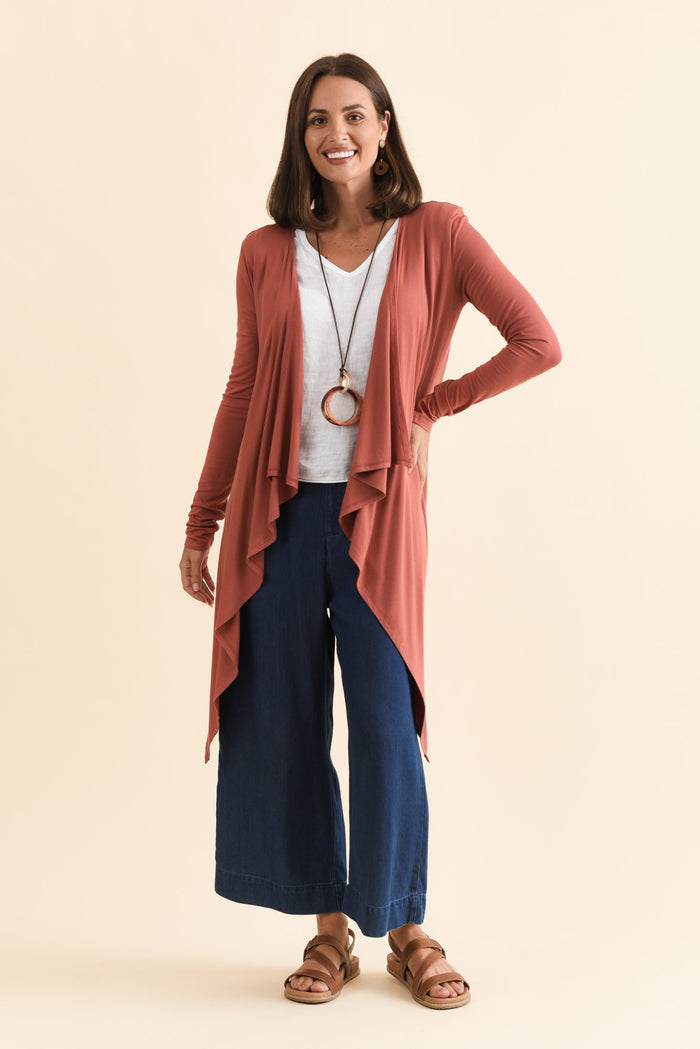 Rust Bamboo Waterfall Cardigan,Brunette model,alt text|model:MJ
