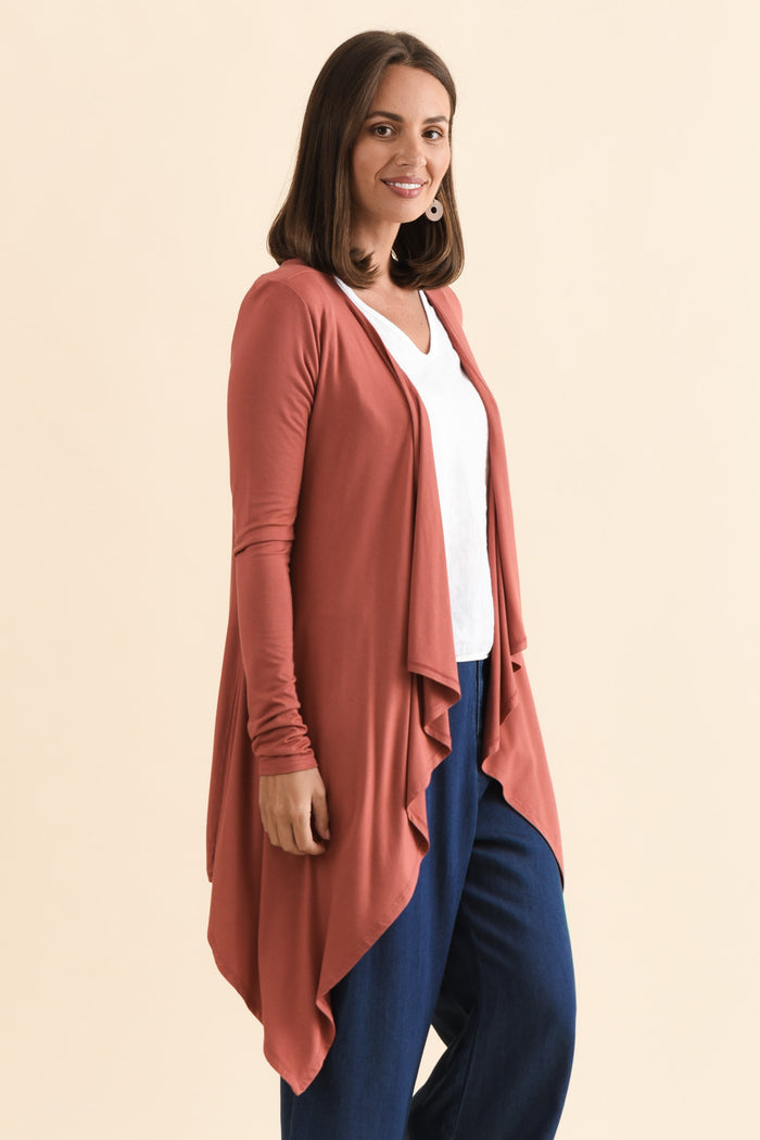 Rust Bamboo Waterfall Cardigan,Brunette model,alt text|model:MJ