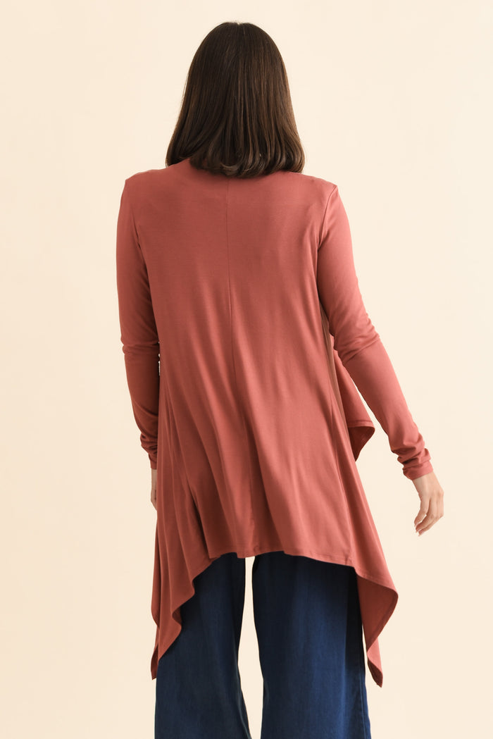 Rust Bamboo Waterfall Cardigan,Brunette model,alt text|model:MJ