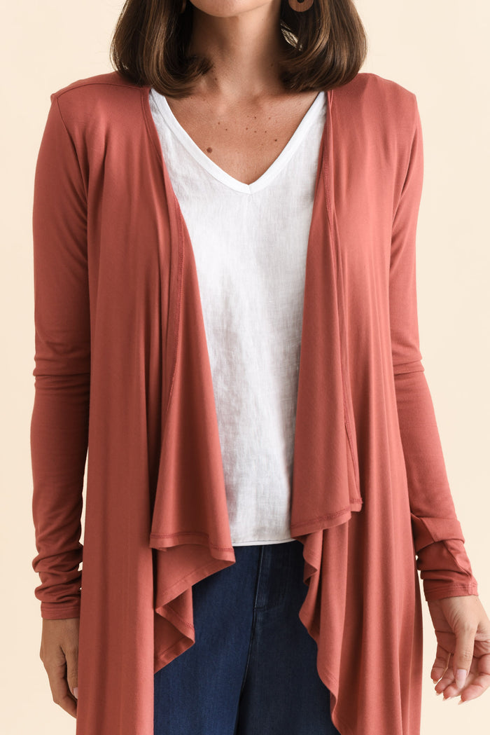 Rust Bamboo Waterfall Cardigan,Brunette model,alt text|model:MJ
