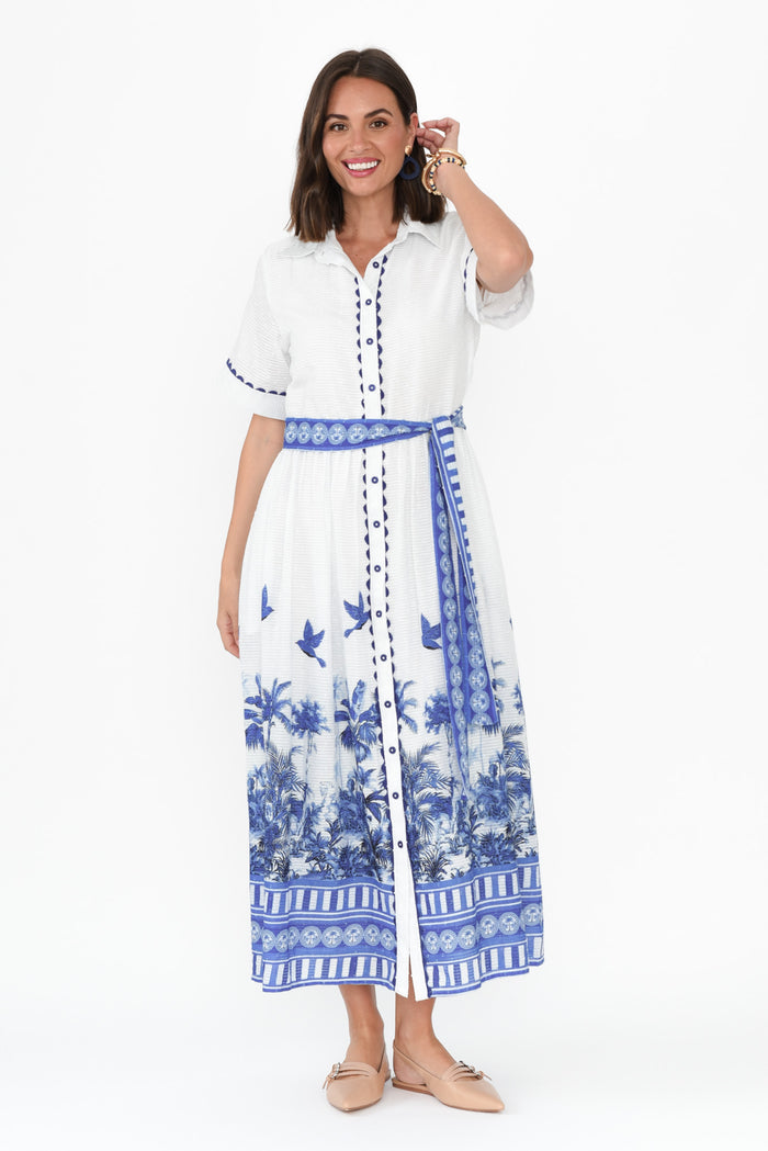 Sagara Blue Tropical Cotton Tie Dress,Brunette model,alt text|model:MJ