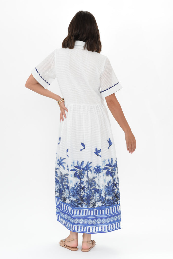 Sagara Blue Tropical Cotton Tie Dress,Brunette model,alt text|model:MJ