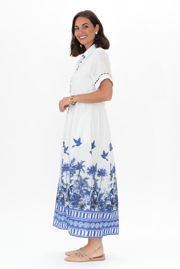 Sagara Blue Tropical Cotton Tie Dress,Brunette model,alt text|model:MJ