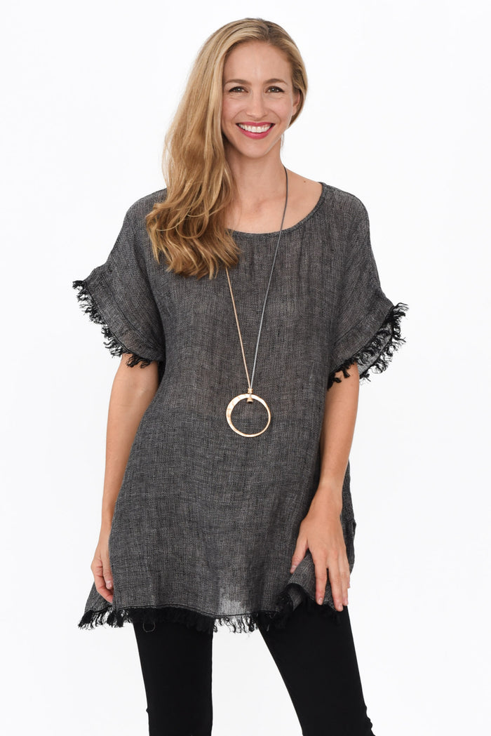 Sancia Charcoal Linen Frayed Top,Blonde model,alt text|model:Anthea