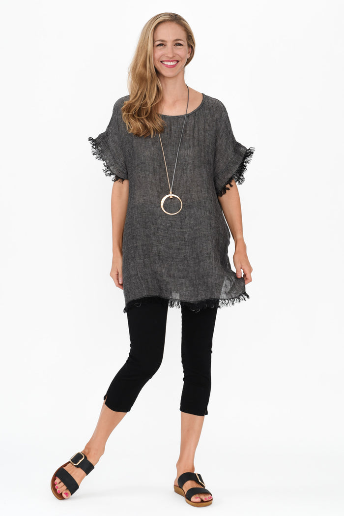 Sancia Charcoal Linen Frayed Top,Blonde model,alt text|model:Anthea
