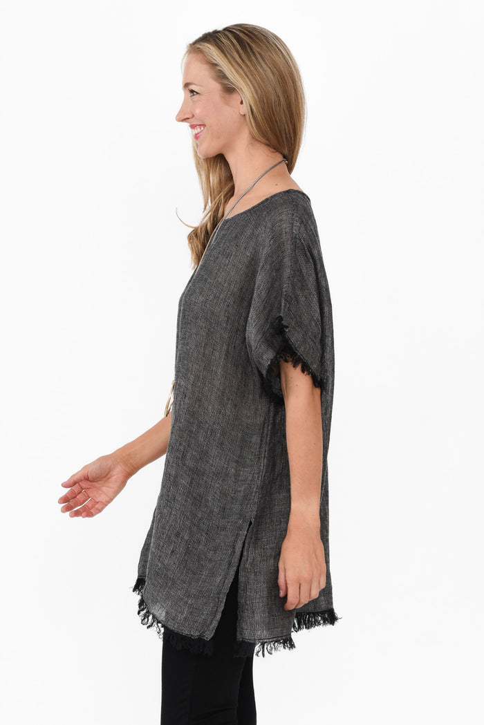 Sancia Charcoal Linen Frayed Top,Blonde model,alt text|model:Anthea