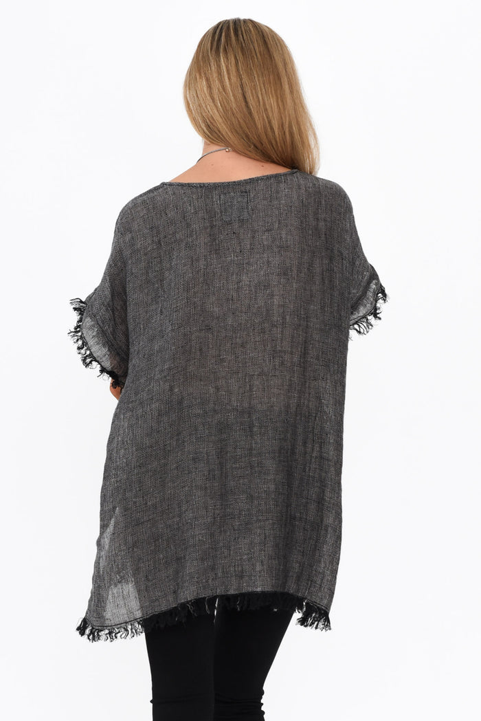 Sancia Charcoal Linen Frayed Top,Blonde model,alt text|model:Anthea