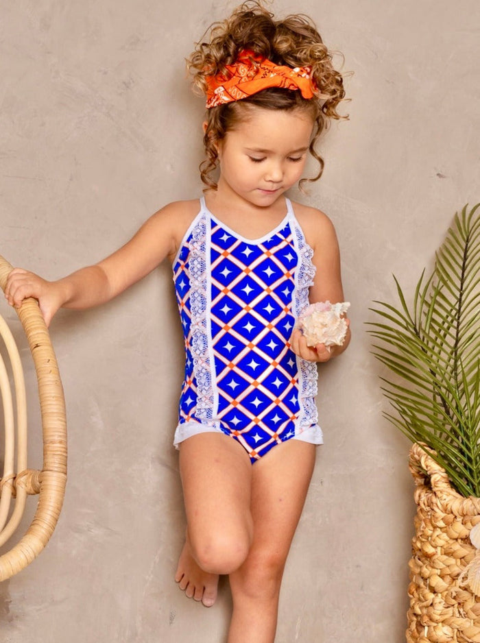 Kids Swimsuits | Little Girls Ruffle Lace Abstract One Piece Swimsuit