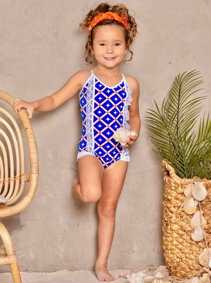 Kids Swimsuits | Little Girls Ruffle Lace Abstract One Piece Swimsuit