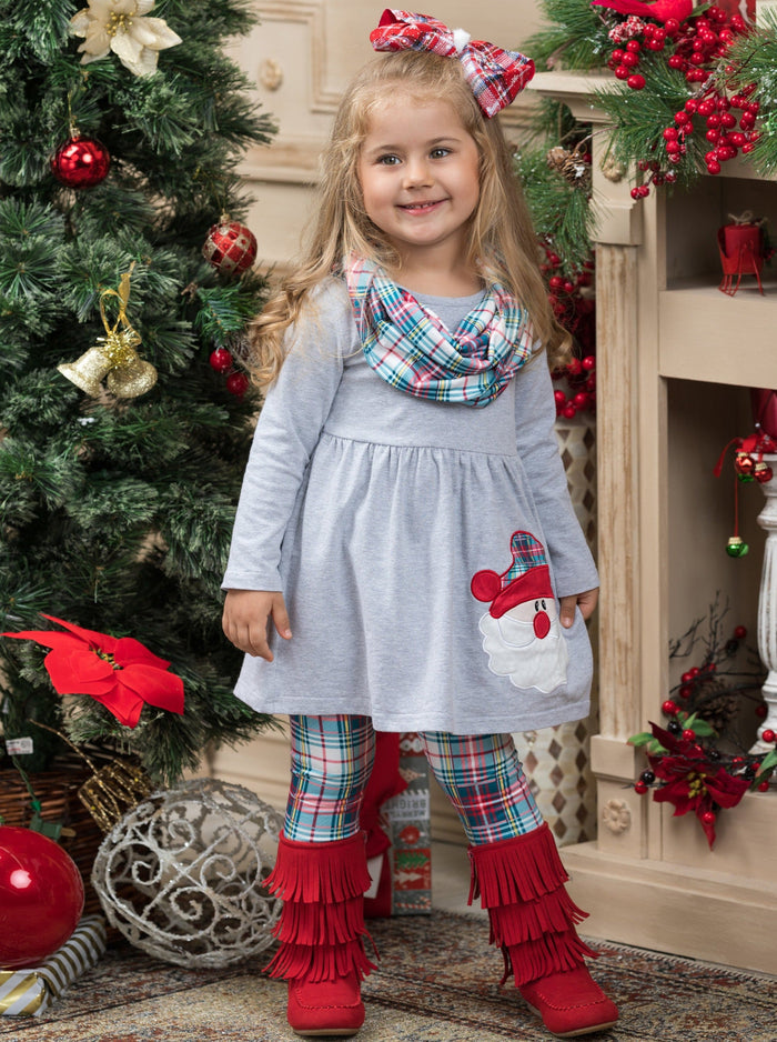 Santa Is The Best! Plaid Tunic, Scarf, and Legging Set Mia Belle Girls