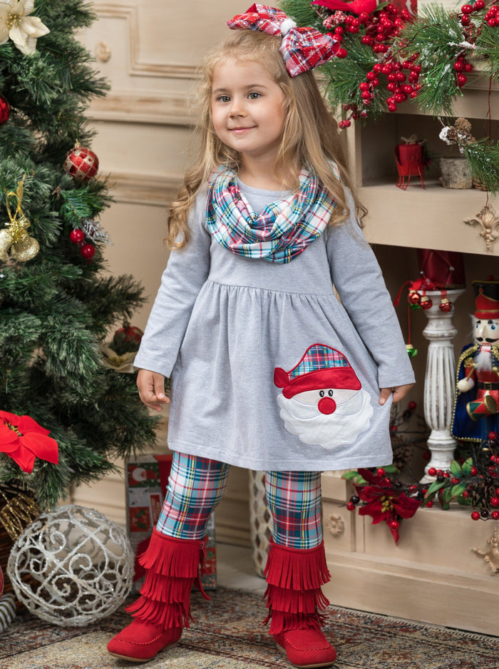 Santa Is The Best! Plaid Tunic, Scarf, and Legging Set Mia Belle Girls
