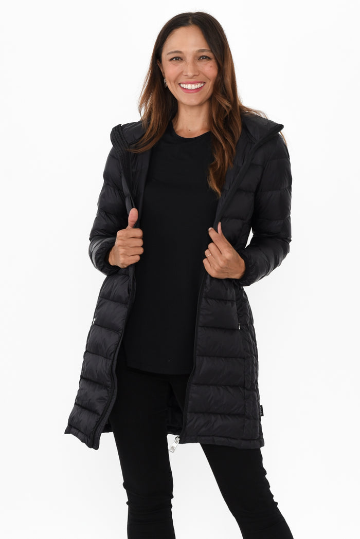 Sarah Black Down Puffer Jacket,Brunette model,alt text|model:Cara