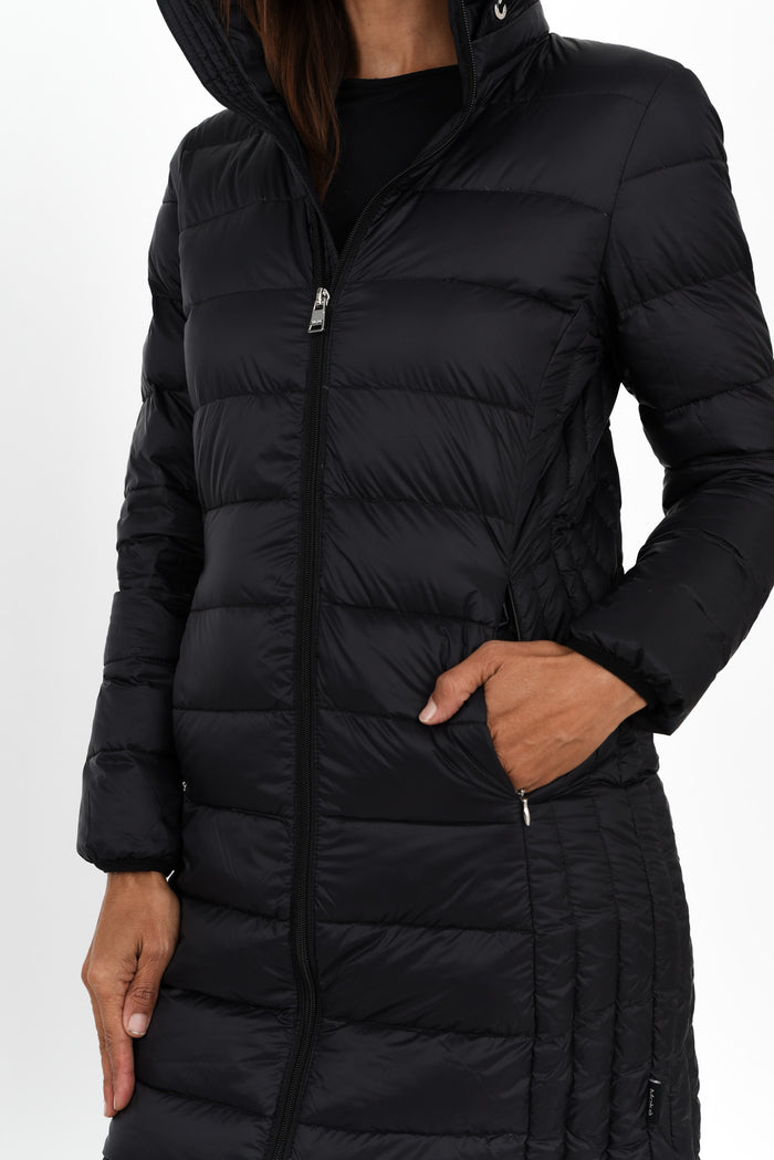Sarah Black Down Puffer Jacket,Brunette model,alt text|model:Cara