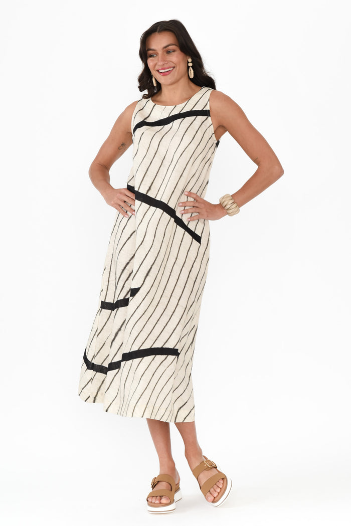Sasha Black Stripe Linen Dress,Brunette model,alt text|model:Brontie