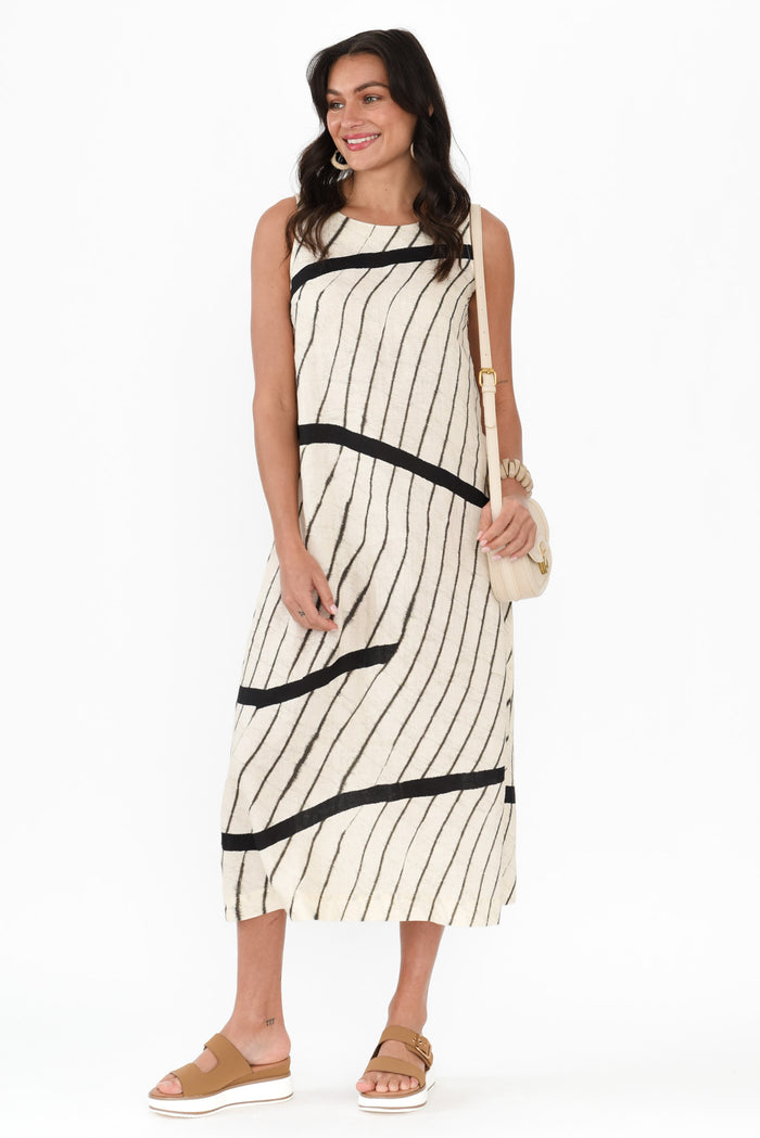 Sasha Black Stripe Linen Dress,Brunette model,alt text|model:Brontie