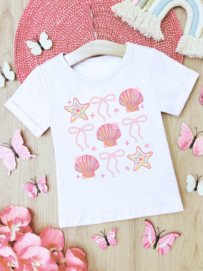 Sea Shell Sparkle Pastel Starfish & Pearly Bow Graphic Tee
