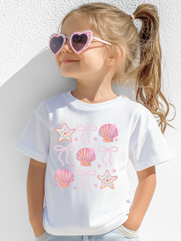 Sea Shell Sparkle Pastel Starfish & Pearly Bow Graphic Tee