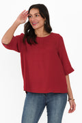 Selena Red 3/4 Sleeve Top,Brunette model,alt text|model:Brontie