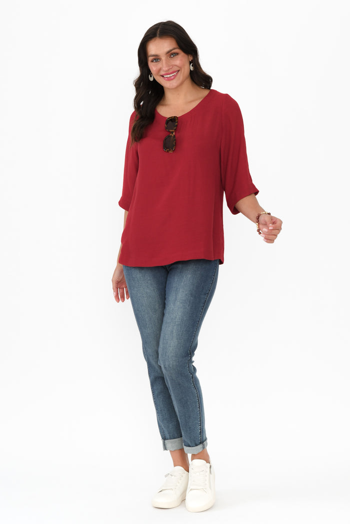 Selena Red 3/4 Sleeve Top,Brunette model,alt text|model:Brontie