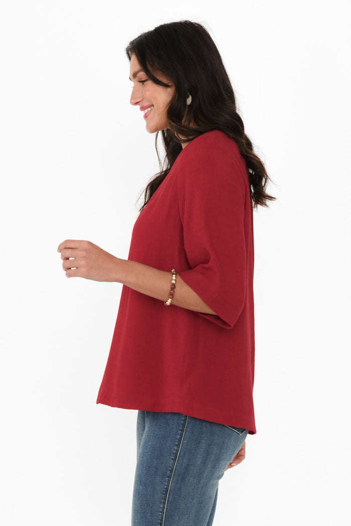 Selena Red 3/4 Sleeve Top,Brunette model,alt text|model:Brontie