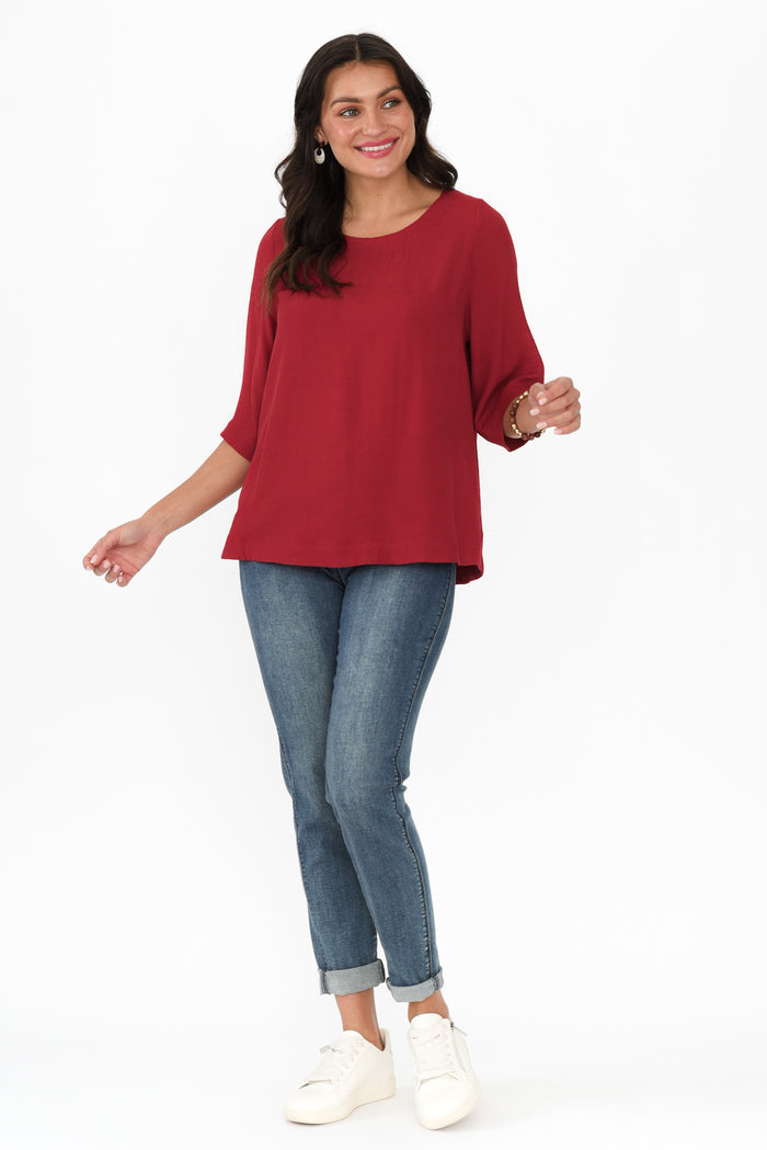 Selena Red 3/4 Sleeve Top,Brunette model,alt text|model:Brontie