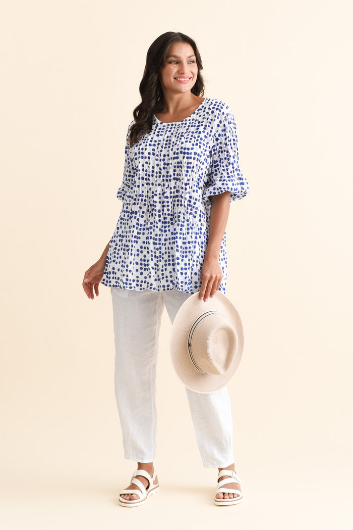 Selma Blue Confetti Crinkle Cotton Top,Brunette model,alt text|model:Brontie