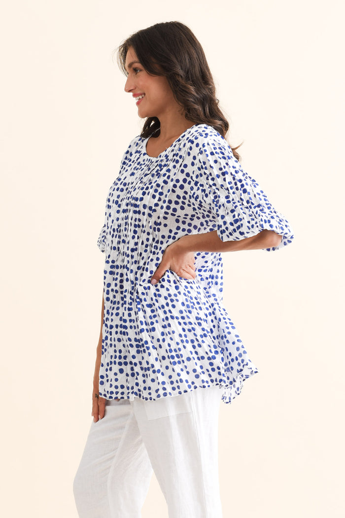 Selma Blue Confetti Crinkle Cotton Top,Brunette model,alt text|model:Brontie