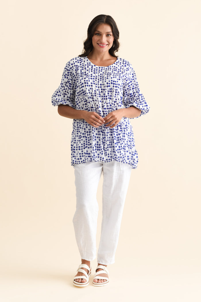 Selma Blue Confetti Crinkle Cotton Top,Brunette model,alt text|model:Brontie