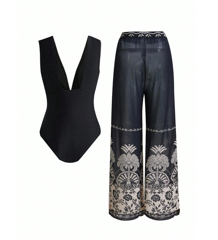 Shadow Drape Swimsuit Pant Set - Black