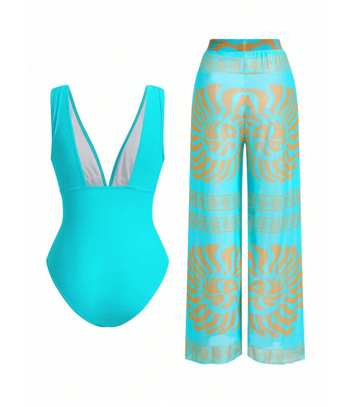 Shadow Drape Swimsuit Pant Set - Blue