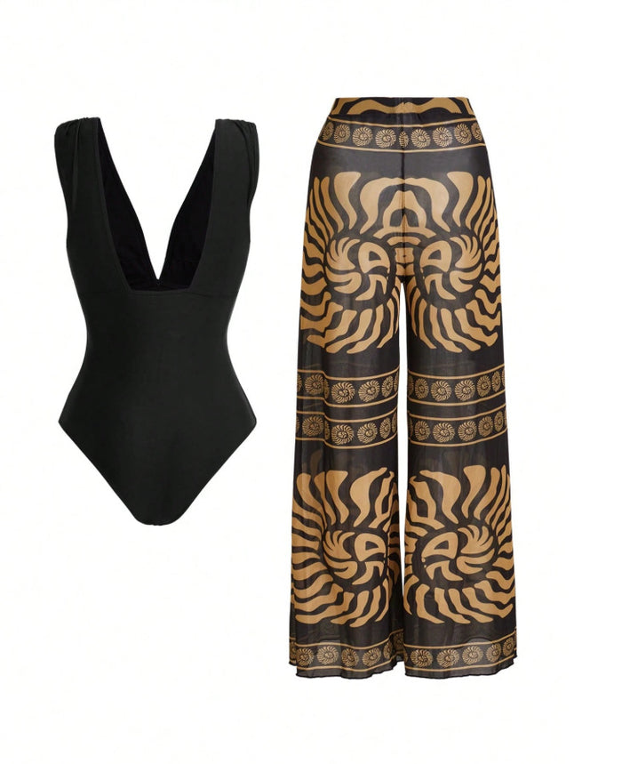 Shadow Drape Swimsuit Pant Set - Printed